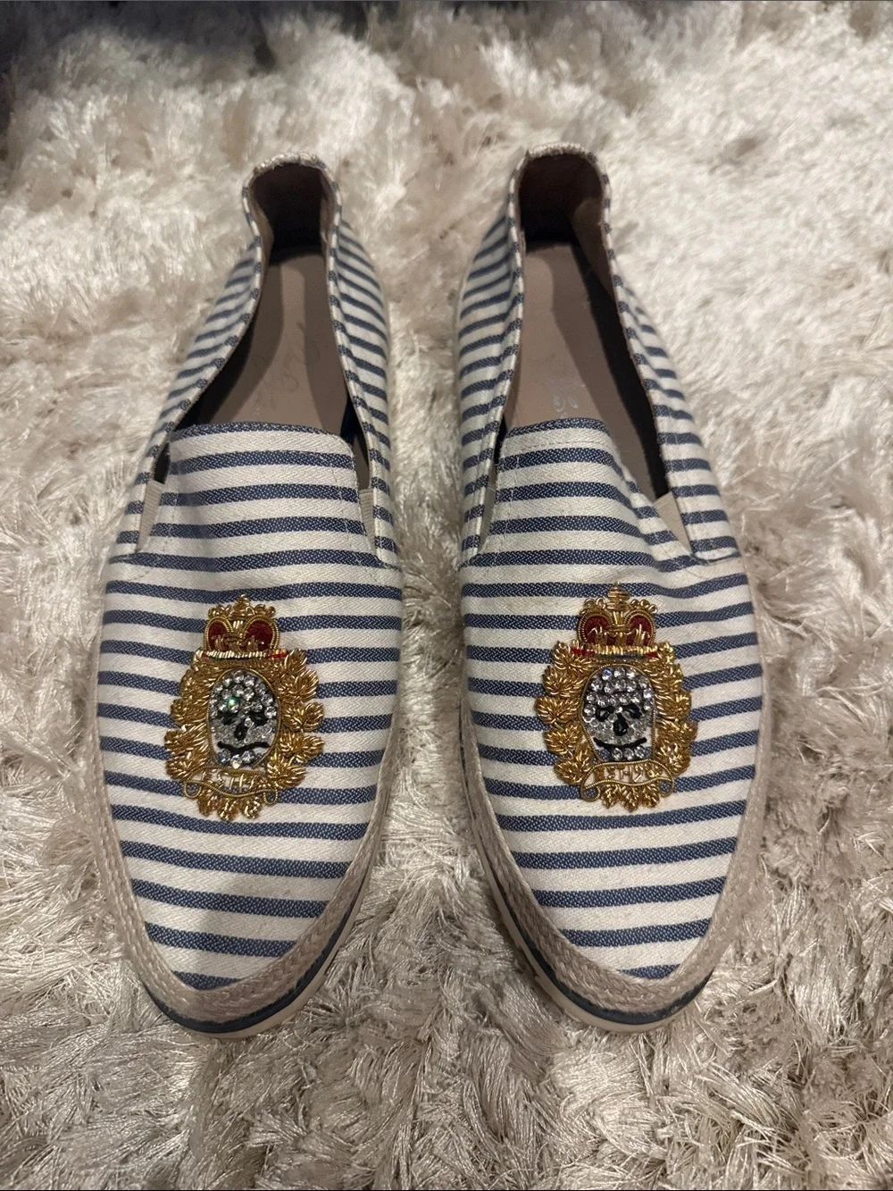 Donald J. Pliner Navy and White Striped Embellished Slip-On Loafers
